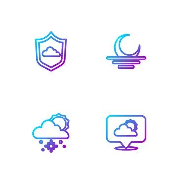 Set line Location cloud, Cloud with snow and sun, Weather forecast and Sunset Stock Illustration