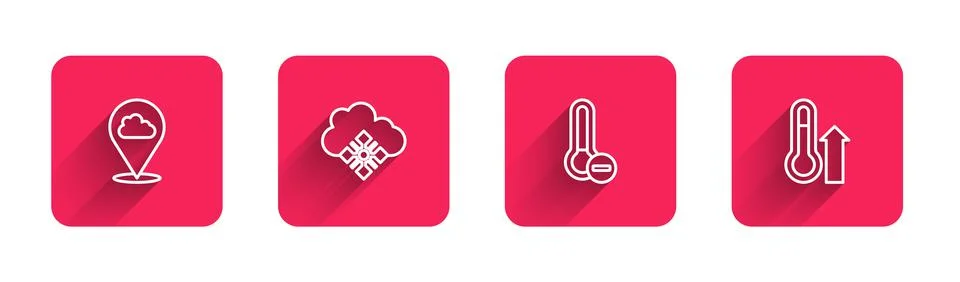 Set line Location cloud, Cloud with snow, Meteorology thermometer and with long Illustrazione stock