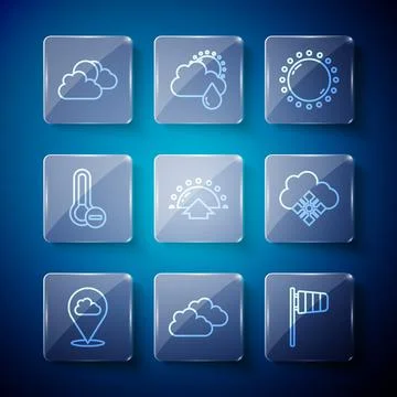 Set line Location cloud, Cloud, Cone windsock wind vane, Sun, Sunrise Illustrazione stock