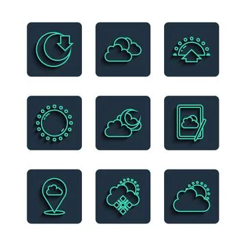 Set line Location cloud, Cloud with snow and sun, Sun weather, Sunrise, moo.. Illustrazione stock