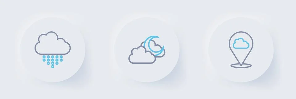 Set line Location cloud, Cloud with moon and rain icon. Vector Stock Illustration