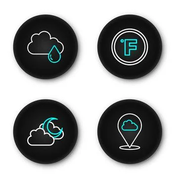 Set line Location cloud, Cloud with moon, Fahrenheit and rain icon. Vector イラスト素材