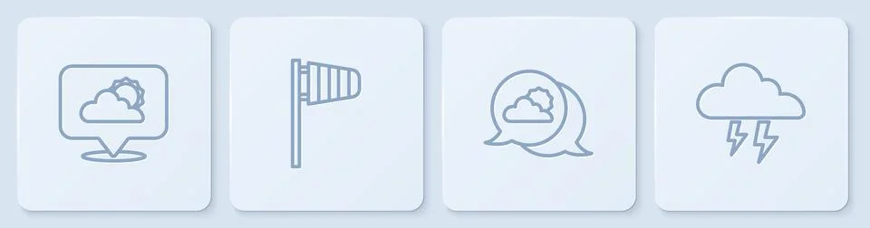 Set line Location cloud, , Cone windsock wind vane and Storm. White square Stock Illustration