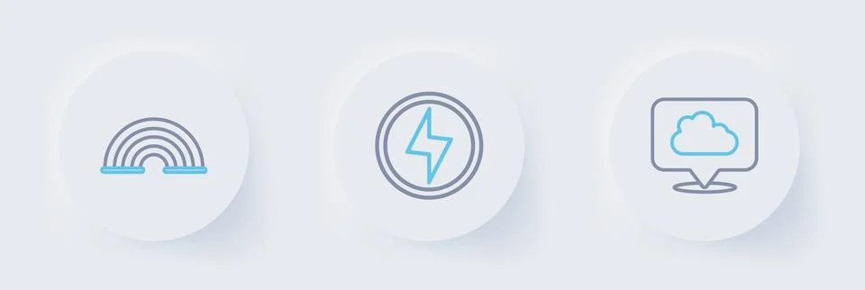 Set line Location cloud, Lightning bolt and Rainbow icon. Vector Ilustración de archivo