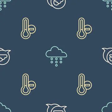 Set line Location cloud, Meteorology thermometer and Cloud with rain on seamless Stock Illustration