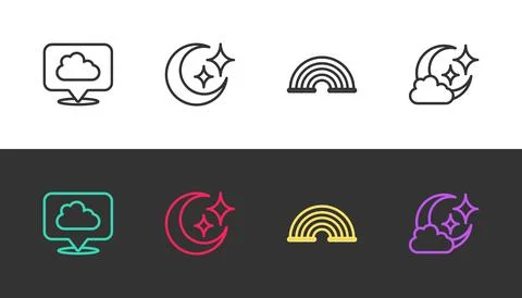 Set line Location cloud, Moon and stars, Rainbow and Cloud with moon on black Stockillustratie