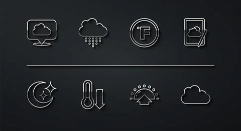 Set line Location cloud, Moon and stars, Weather forecast, Sunrise, Meteorolo Illustrazione stock