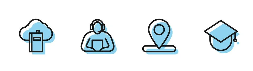 Set line Location, Cloud or online library, Student and Graduation cap globe Illustrazione stock