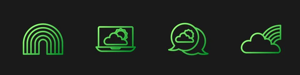 Set line Location cloud, Rainbow, Weather forecast and with clouds. Gradient Illustrazione stock