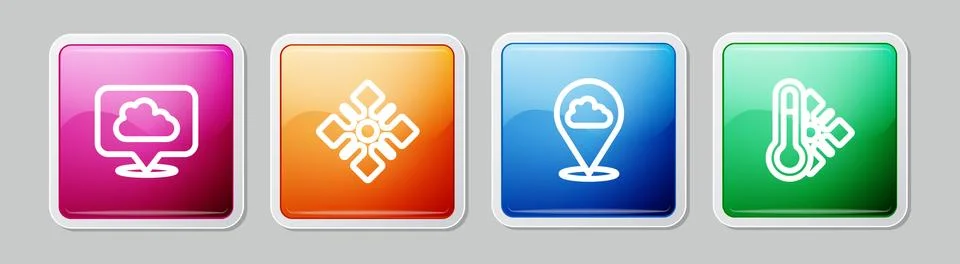 Set line Location cloud, Snowflake, and Meteorology thermometer. Colorful square Stock Illustration