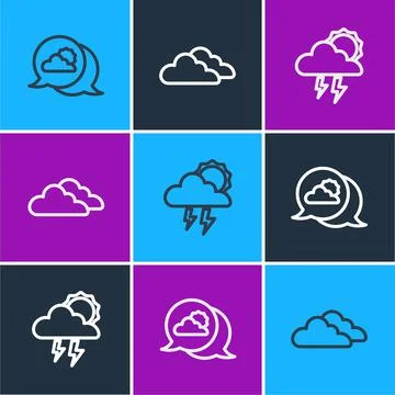 Set line Location cloud, Storm and Cloud icon. Vector Stock Illustration
