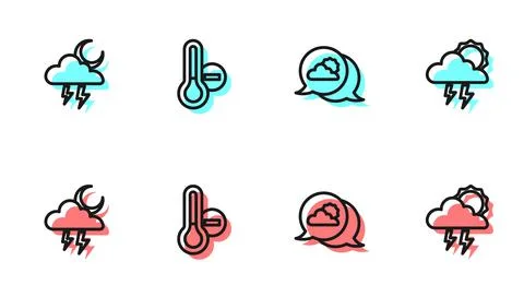 Set line Location cloud, Storm, Meteorology thermometer and icon. Vector Illustrazione stock