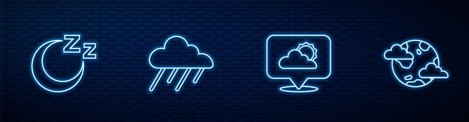 Set line Location cloud, Time to sleep, Cloud with rain and Earth planet clouds Stock Illustration