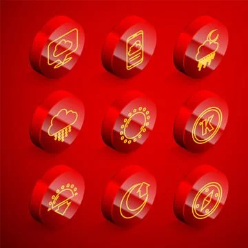 Set line Location cloud, Weather forecast, Cloud with rain and moon, Sun, Kelvin Stock Illustration