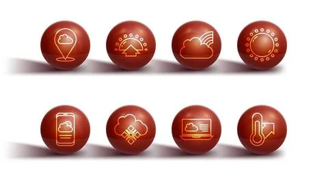 Set line Location cloud, Weather forecast, Sun, Cloud with snow, Sunrise Stock Illustration