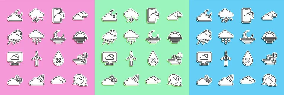 Set line Location cloud, Windy weather, Sunrise, Weather forecast, Cloud with Illustrazione stock