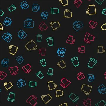 Set line Location with coffee bean, Coffee cup to go, and on seamless pattern Illustrazione stock