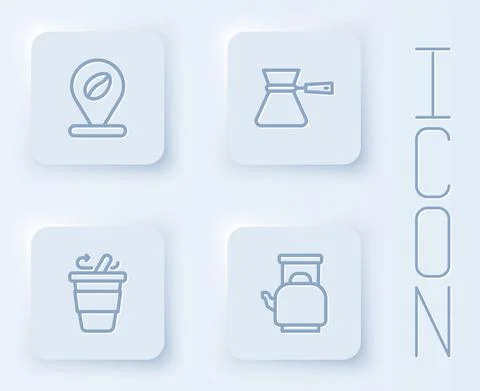 Set line Location with coffee bean, Coffee turk, cup to go and Kettle handle Illustration