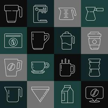 Set line Location with coffee bean, Pour over maker, Coffee cup to go, pot, Bag Ilustración de archivo