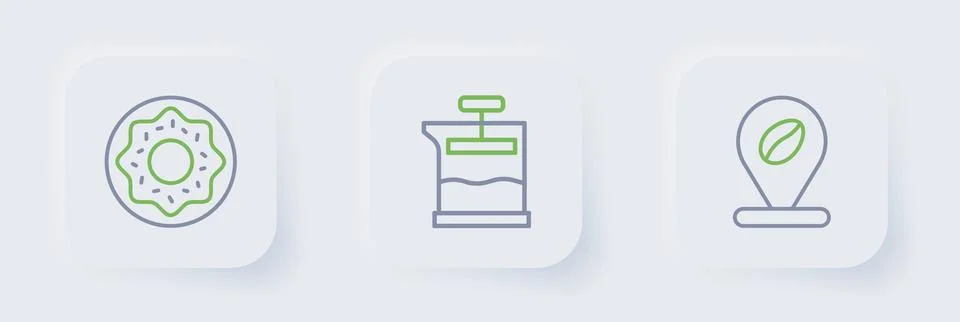 Set line Location with coffee bean, French press and Donut icon. Vector Illustrazione stock