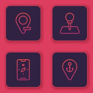 Set line Location, Compass mobile, Push pin and with anchor. Blue square button Stock Illustration