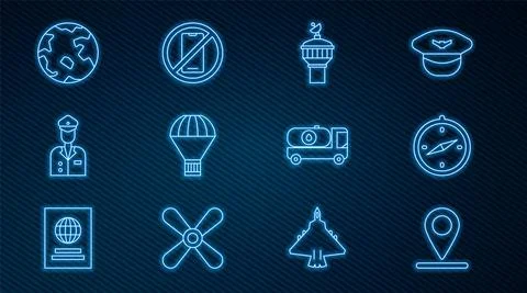 Set line Location, Compass, Radar, Box flying parachute, Pilot, Worldwide, Fuel 库存插图