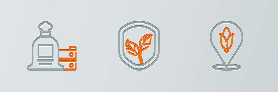 Set line Location corn, Full sack and wooden box and Shield with leaf icon Stock Illustration