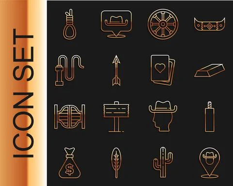 Set line Location cowboy, Dynamite bomb, Gold bars, Old wooden wheel, Crossed Illustration