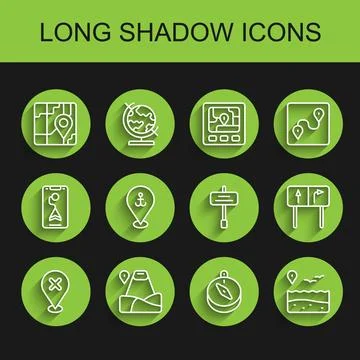 Set line Location with cross mark, mountain, City map navigation, Compass, beach Stock Illustration