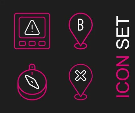 Set line Location with cross mark, Compass, and Gps device error icon. Vector Illustrazione stock
