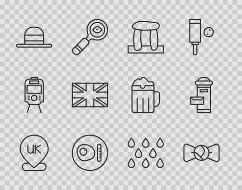 Set line Location England, Bow tie, Stonehenge, British breakfast, Elegant women Stock Illustration
