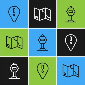 Set line Location with exclamation mark, Stop sign and Folded map icon. Vector Stock Illustration