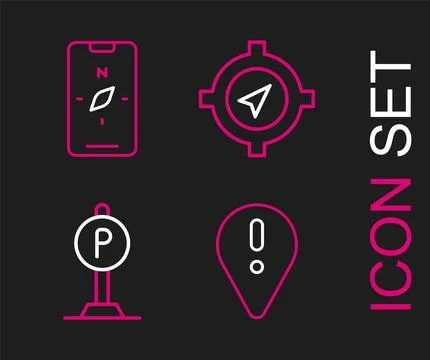 Set line Location with exclamation mark, Parking, Compass and mobile icon. .. Stock Illustration