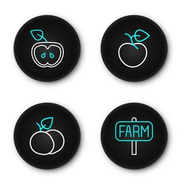 Set line Location farm, Mango fruit, Peach or nectarine and Apple icon. Vecto Stock Illustration
