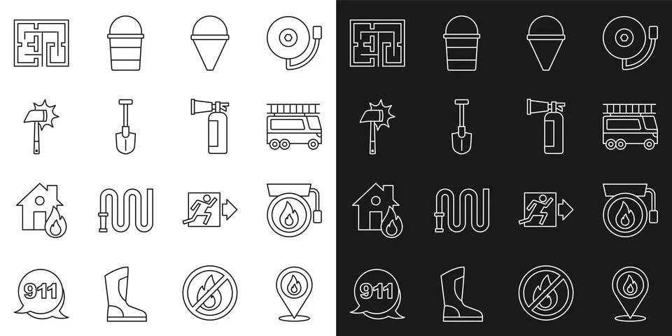 Set line Location with fire flame, Ringing alarm bell, Fire truck, cone bucket Ilustración de archivo