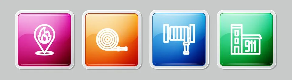 Set line Location with fire flame, Fire hose reel, and Building of station Ilustración de archivo