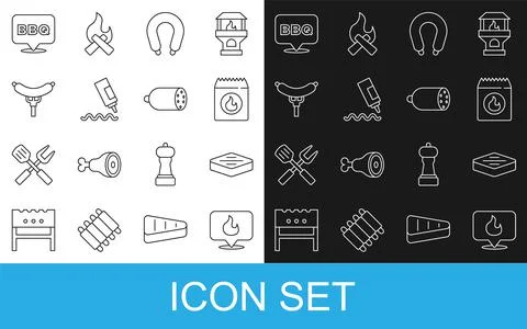 Set line Location with fire flame, Steak meat, Barbecue coal bag, Sausage, Sa Illustrazione stock