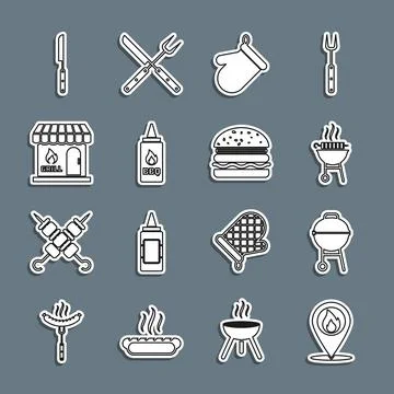 Set line Location with fire flame, Barbecue grill, grilled shish kebab, Oven  스톡 일러스트