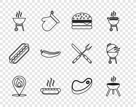 Set line Location with fire flame, Barbecue grill, Burger, Hotdog sandwich,.. Stock Illustration