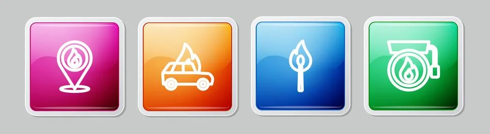 Set line Location with fire flame, Burning car, match and Ringing alarm bel.. Stock Illustration