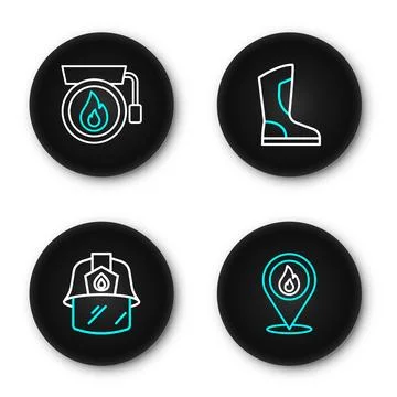 Set line Location with fire flame, Firefighter helmet, boots and Ringing al.. Stock Illustration