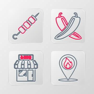 Set line Location with fire flame, Barbecue shopping building, Crossed hot .. Ilustración de archivo
