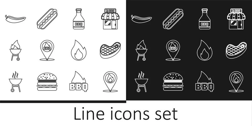 Set line Location with fire flame, Steak meat, Ketchup bottle, barbecue, Ba.. Stock Illustration