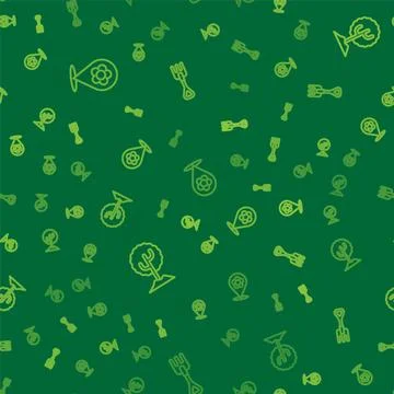 Set line Location with flower, Tree and Garden rake on seamless pattern. Vector Illustrazione stock