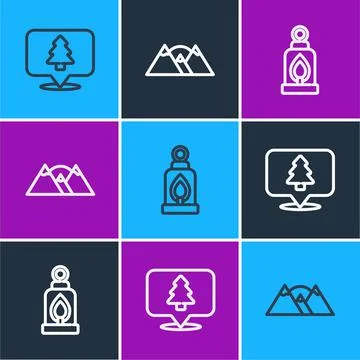 Set line Location of the forest, Camping lantern and Mountains icon. Vector Stock Illustration