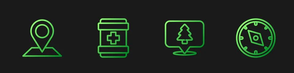 Set line Location of the forest, , First aid kit and Compass. Gradient color Stock Illustration