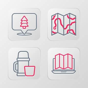 Set line Location of the forest in laptop, Thermos container and cup, map a.. Stock Illustration