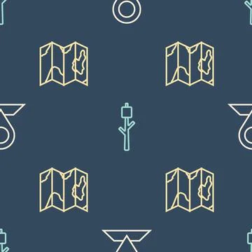 Set line Location, of the forest map and Marshmallow stick on seamless pattern Stock Illustration