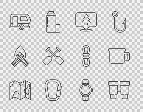 Set line Location of the forest on map, Binoculars, Carabiner, Rv Camping Stock Illustration