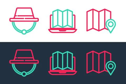 Set line Location of the forest on map, Camping hat and laptop icon. Vector Stock Illustration